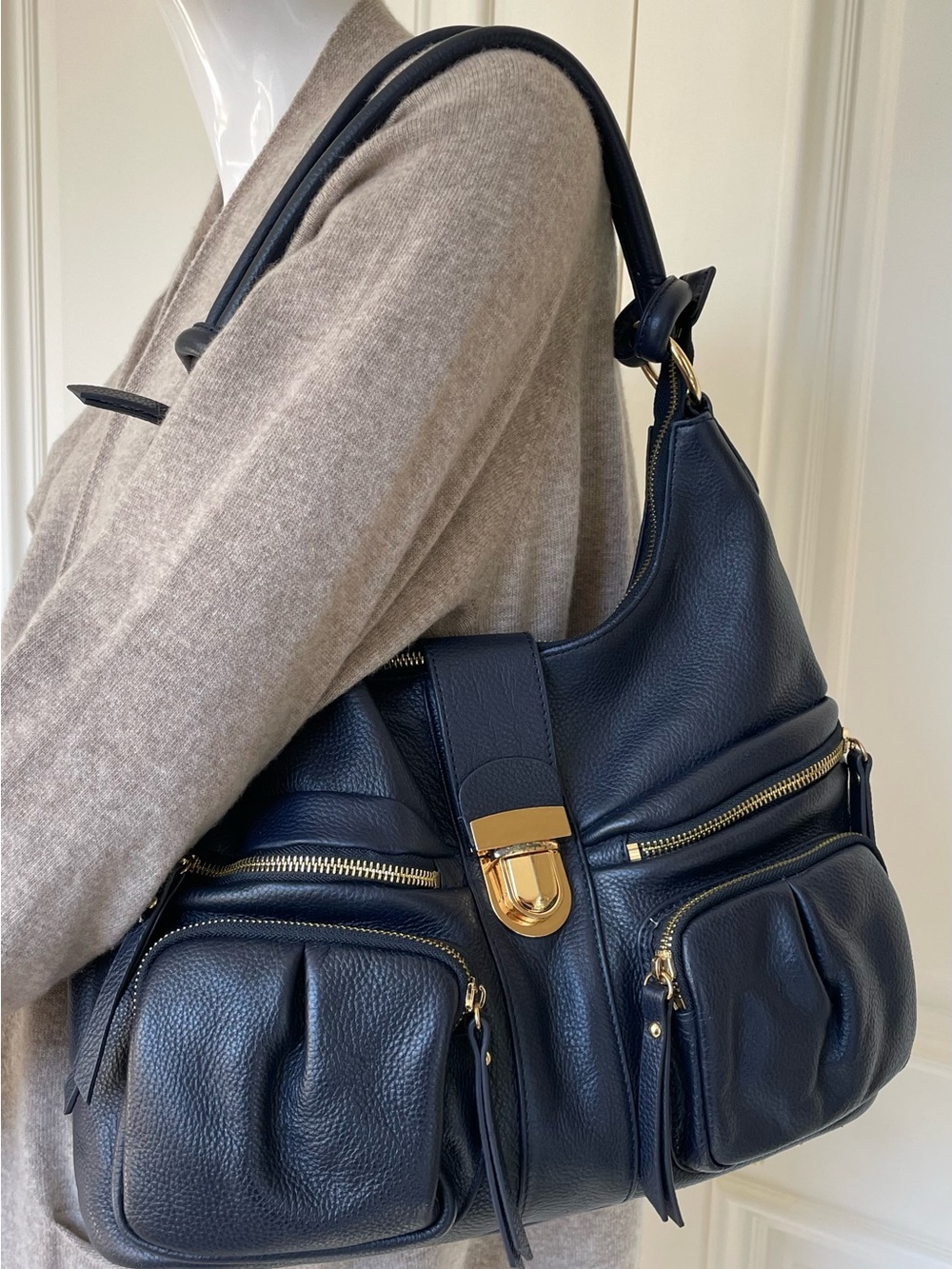 Robert Dice Navy Blue Pebbled Leather Hobo Shoulder Bag Gold Hardware & Pockets